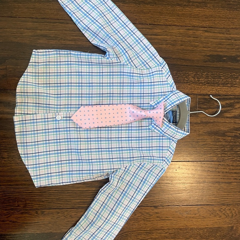 Blue and Pink Plaid Shirt with Tie